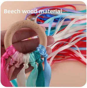 Handheld beech wood sensory ring with colorful ribbons for baby grip training and play