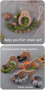 Detail der Baby-Schnullerkette mit Silikonperlen und Tier-Beißringen aus Buchenholz
