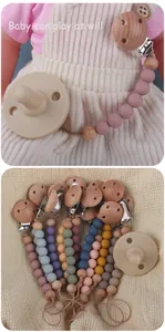 Details von Schnullerketten aus Holz und Silikon-Beißperlen in Morandi-Farben für Babys