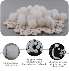 Macro detail of 14mm hexagonal white silicone beads for DIY baby pacifier chains