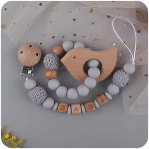 Baby Beißring Silikon Buchenholz Schnullerkette Häkelperlen Cartoon Tier Beißspielzeug Für Kleinkinder DIY Buchstabenperlen Beißring Zubehör