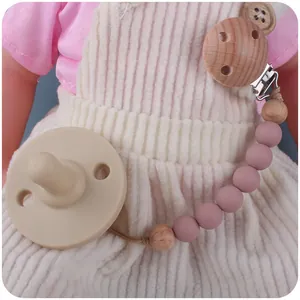 Baby-Schnullerkette Set mit Buchenholz-Clip und lila Silikon-Beißperlen für Kleinkinder