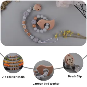 Baby Beißring-Set mit Vogel-Holzbeißring und Silikonperlen-Schnullerkette