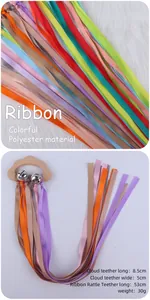 Detailed view of baby cloud beech wood teether with colorful ribbons and metal bells