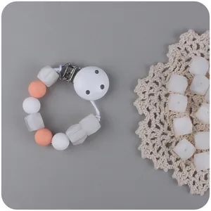 Octagonal silicone beads pacifier clip with white and peach beads for DIY baby accessories