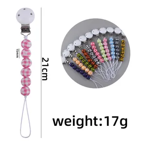 Detail showing 21cm baby pacifier clip with 15mm plaid pattern beads in various colors