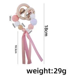 Baby silicone beads teething ring with colorful ribbons and natural wooden rings