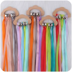 Baby Wooden Cloud Teether Beech Wood Sensory Ribbon Rattle Toy For Infants Newborn Montessori Colorful Satin Ribbon Rattle With Bells