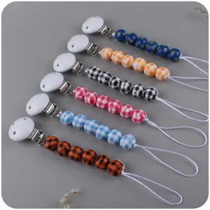 Baby Pacifier Clip Boxwood Silicone Beads Chain Gingham Check Star Pattern Anti-Drop Strap Soother Holder Newborn Accessory