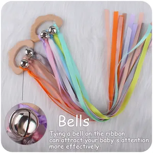 Cloud-shaped beech wood baby teether toy with colorful silk ribbons and silver bells