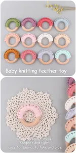 Detail showing 12 color options of handmade crochet cotton and beech wood baby teether rings