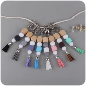 Boho Silicone Wooden Bead Tassel Keychain For Women Bag Pendant Geometric Beaded Key Ring Accessory Decorative Handcraft Gift