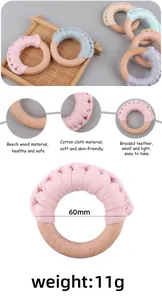 Macro detail of handmade cotton braided beech wood teething ring for babies in pastel colors