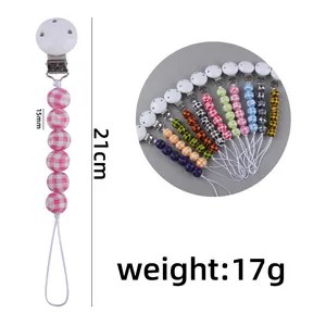 Infant pacifier clip with 15mm checkered beads, 21cm length, and secure nylon lanyard
