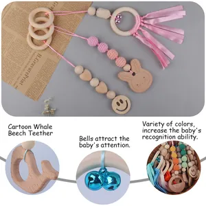 Baby beech wood teether set with cartoon animal pendants and ribbons for sensory play