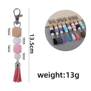 DIY colorful silicone bead keychain with leather tassel and wood beads 13.5cm length