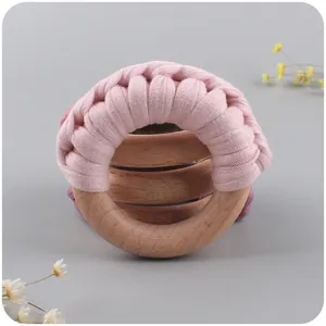 Handmade Baby Beech Wood Teether Ring Crochet Cotton Weaving Sensory Toy Natural Wooden Grasping Ring For Infants Newborn Gift