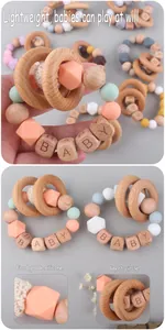 Macro detail of food grade silicone beads and beech wood ring with BABY letter blocks