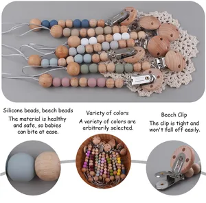 Detail von Buchenholz-Clips und Silikonperlen an der Baby-Schnullerkette Zubehör