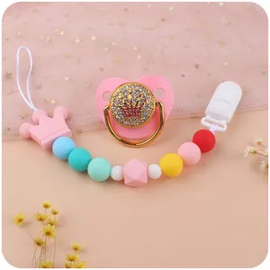 Crown Baby Pacifier And Silicone Bead Clip Set Luxurious Rhinestone Bling Soother For Infants Newborns Safe Teething Accessory