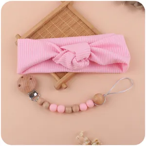 Baby Headband And Pacifier Clip Set Food Grade Silicone Beads Beech Wood Soothing Soother Chain Ribbed Bow Hair Band For Infant
