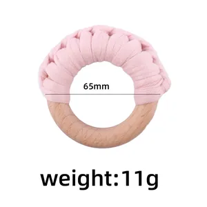 Handmade cotton knit baby teether with natural beech wood ring 65mm diameter 11g