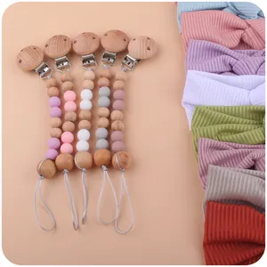 Baby silicone bead pacifier clip set with wooden clip and knit bow headbands