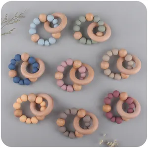 Baby Teether Toy Silicone Beads Beech Wood Ring Rattle Sensory Montessori Teething Bracelet For Infants Soothing BPA Free