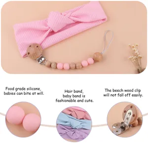 Pink bow headband and silicone pacifier clip set with natural beech wood clip for babies