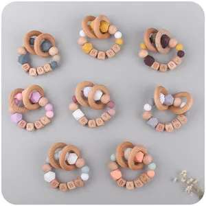 Infant Teether Bracelet Silicone Beads Beech Wood Ring Rattle Toy For Montessori Sensory Training And Teething Relief