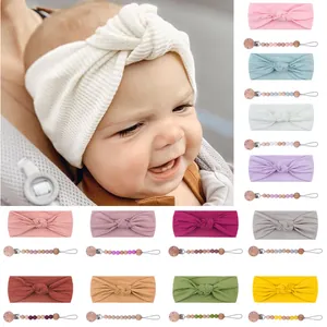 Baby headband and silicone bead pacifier clip set in various Morandi colors