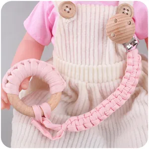 Kit attache-tétine tressé rose avec anneau de dentition en hêtre naturel pour bébés