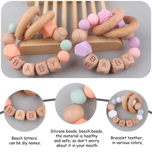 DIY baby teether bracelet with macaron silicone beads and beechwood rings