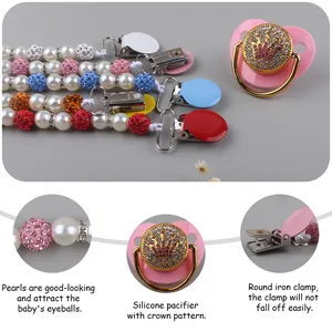 Pink silicone baby pacifier set with crown rhinestone decor and pearl beaded clip chain