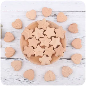 Natural Beech Wood Baby Teether Beads Heart Star Shaped DIY Pacifier Chain Bracelet Accessories Unfinished Smooth Wooden Sensory Toy