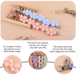 Chupetero de silicona y madera de haya con cuentas de macaron y diseño de flores para bebés