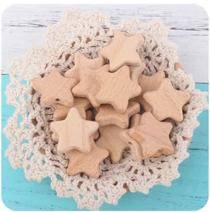 Macro view of polished star-shaped beech wood beads with natural texture for DIY crafts