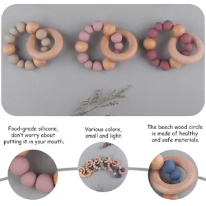 Baby teething ring toy made of food-grade silicone beads and natural beech wood