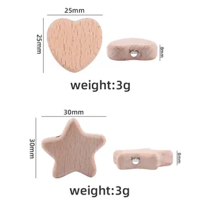 Detailed specs of heart and star beech wood beads for DIY pacifier clips and teethers
