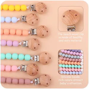 Catenella portaciuccio in legno di faggio e silicone con perle colorate sensoriali