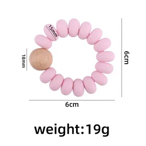 Bracciale dentizione neonato con perle in silicone rosa e perla in legno di faggio, 6cm