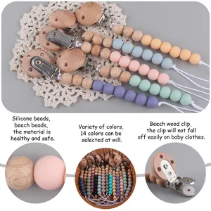 Beechwood and silicone bead pacifier clip with secure round metal clasp in multi colors