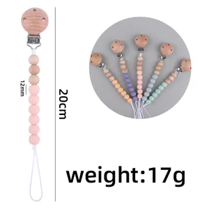 Beech wood and silicone bead pacifier clip with 20cm length and 17g lightweight design