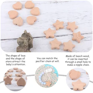Natural beech wood heart and star beads for DIY baby pacifier clips and accessories