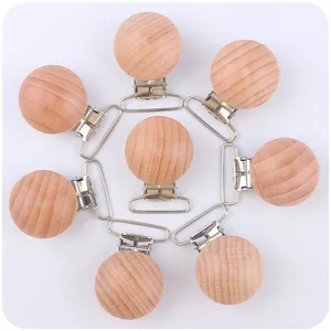Pinza para Chupete de Madera de Haya Natural Hebilla de Metal Redonda para Cadena de Chupete DIY Accesorios de Enfermería Pinza de Madera Pulida