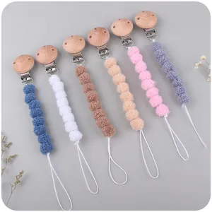 Beech Wood Baby Pacifier Clip Handmade Plush Ball Infant Pacifier Chain Anti Drop Soother Holder For Newborn Teether Toy