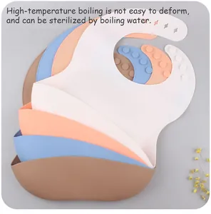 Detail of multi-color waterproof silicone baby bibs with adjustable snaps and food catcher