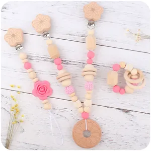 Baby Silikon Rose Schnullerkette Holz Beißring Set Buchenperlen Häkeln Kinderwagenkette Für Säuglinge Beruhigendes Spielzeug Geschenk