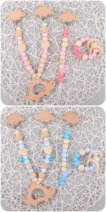 Silicone and wood baby teether set with dinosaur clips and small rattle bell charms