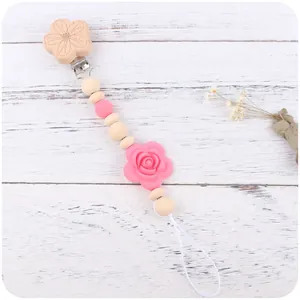 Silikonperlen-Schnullerkette mit rosa Rose und Holzclip zur Linderung beim Zahnen